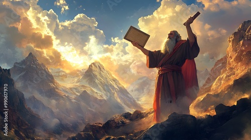 2. **Create an image of Moses on Mount Sinai, receiving the Ten Commandments. Show him holding the tablets high, with a backdrop of rugged mountains and a radiant light illuminating the scene.** photo