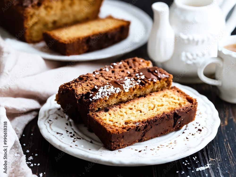 Delicious homemade cake sliced and garnished with chocolate and coconut on a rustic table Delicious homemade cake sliced and garnished with chocolate and coconut on a rustic table