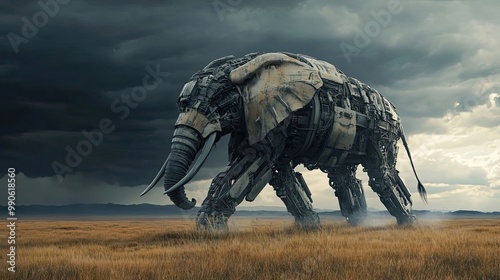 A Mechanized Elephant Walks Across a Grassy Field Under a Stormy Sky