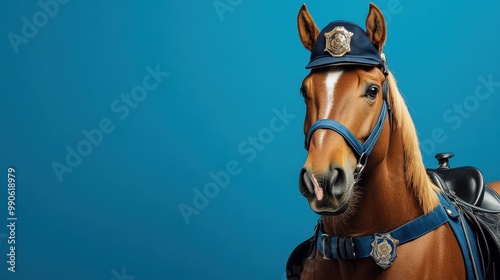 Horse Dressed as Police Officer in Blue Background