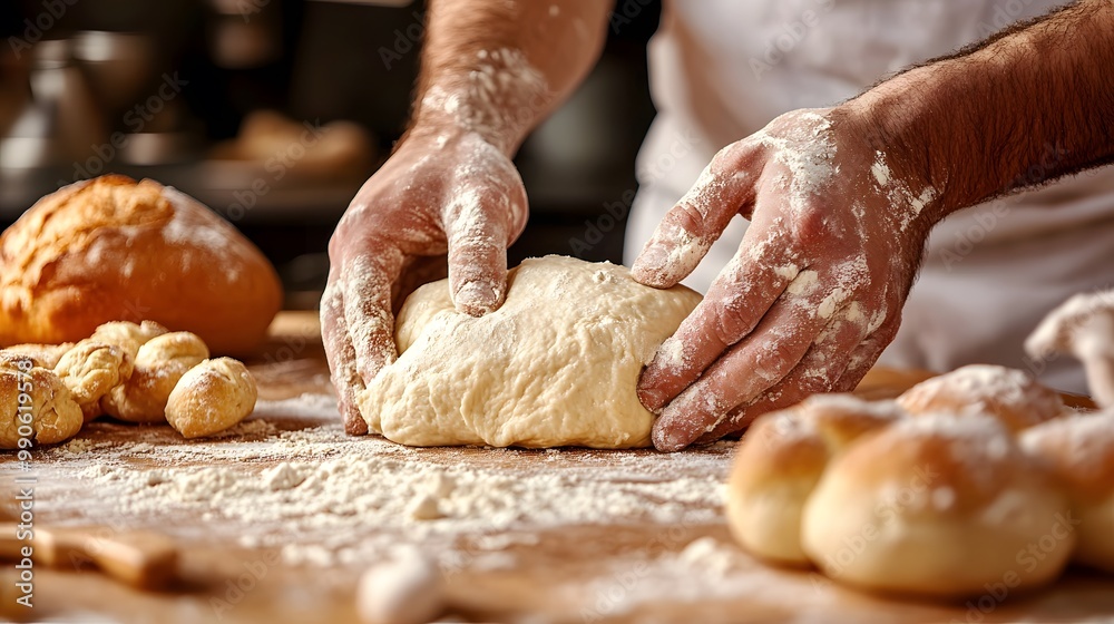 baker kneading dough on floured wooden table, fresh bread preparation, hands working baker kneading dough on floured wooden table, fresh bread preparation, hands working