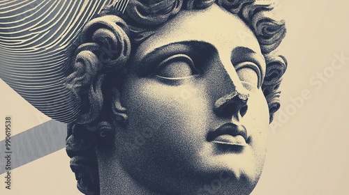 A black and white digital art collage of a classical bust.