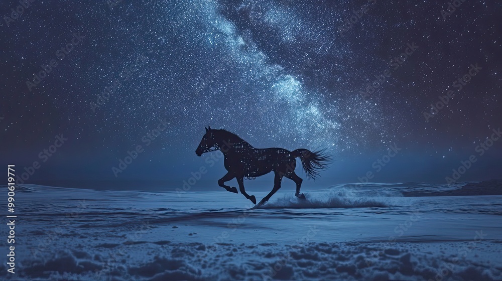 A Horse Silhouetted Against a Starry Night Sky