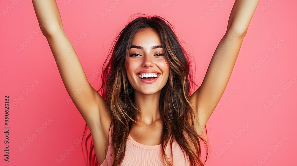 Happy woman with arms raised celebrating, smiling in a studio against a pink background Happy woman with arms raised celebrating, smiling in a studio against a pink background