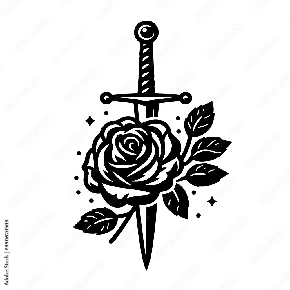 Vector logo of sword and rose. This design expresses your rebellious struggle towards peace and purity. It's perfect to be part of your tattoos.