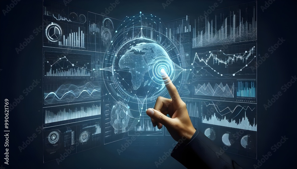 Fototapeta premium Black man finger touch forex diagrams, stock market data with chart
