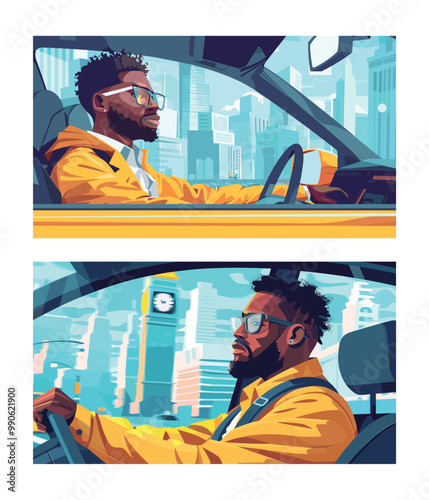 Taxi driver cartoon vector scenes. Yellow coat glasses car interior african american black skin guy urban service personnel inside vehicle character city transport mobility concepts