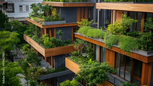 A modern home with plenty of greenery, featuring wooden and concrete details, and a balcony overlooking the garden