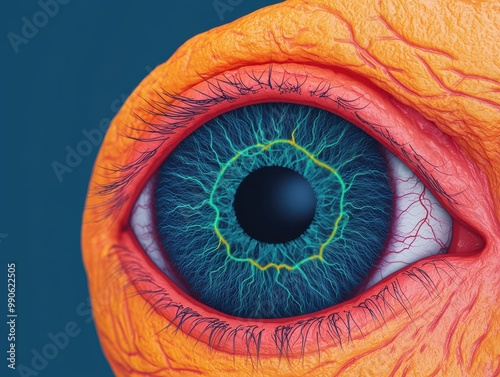 Illustration of a brain and eye connection, with medical diagrams showing how treatments improve blurred vision at a neural level, vision therapy, medical innovation
