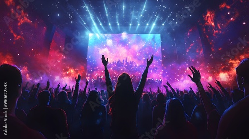 2. **Illustrate a powerful moment at a Christian concert where the audience is immersed in worship, with hands lifted high. Surround them with dazzling stage lights and a dynamic backdrop that