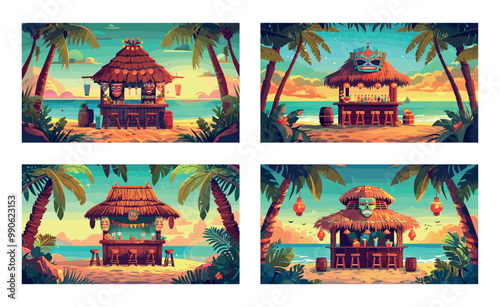 Tiki beach bar cartoon vector scenes. Tribal masks snacks drinks cocktails wooden hut palm sand tropical summer coast ocean sea landscape vacation concepts