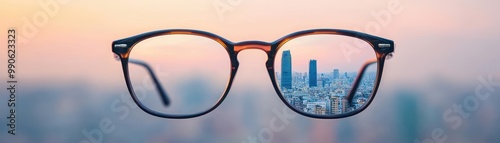 Blurred view of a cityscape through eyeglasses, one lens crystal clear, the other foggy, symbolizing vision correction and clarity, vision correction, clear vision concept