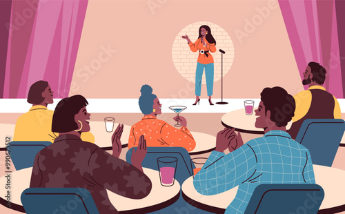 Comedian artist woman with microphone perform stand-up comedy show standing on stage, vector audience listening, applaud