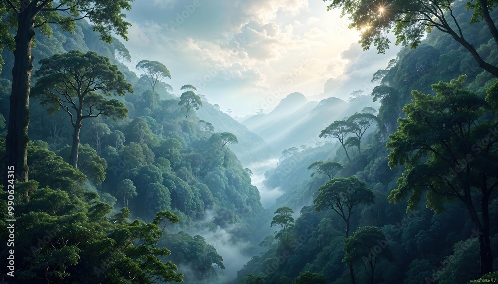 A tunning view of the tropical rainforest canopy, where ancient treetops rise above the mist, home to a diverse ecosystem A tunning view of the tropical rainforest canopy, where ancient treetops rise above the mist, home to a diverse ecosystem