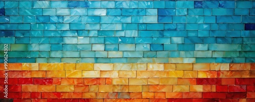 Colorful abstract mosaic wall art featuring shades of blue, orange, and yellow arranged in a gradient design