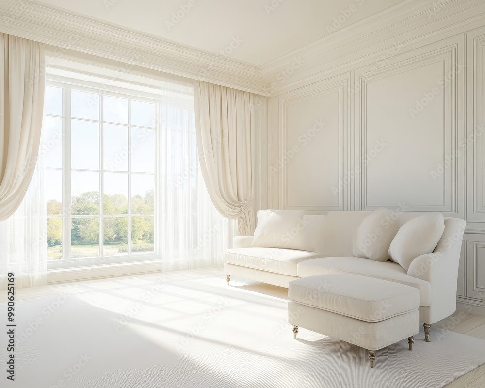 A large white couch sits in a large, empty room with a large window A large white couch sits in a large, empty room with a large window