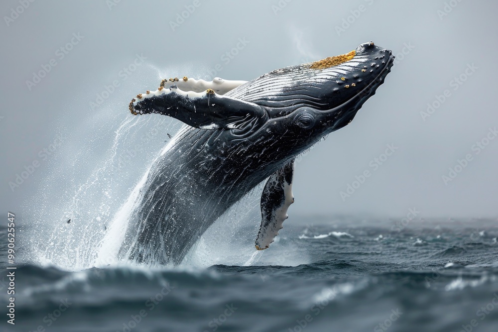 Fototapeta premium Humpback Whale Breaching in Ocean Against Blue Sky