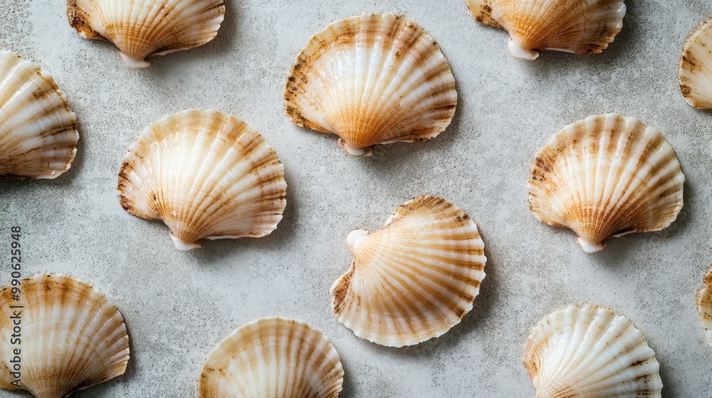 Fresh scallops laid out on a clean, minimalist surface highlighting their delicate texture and natural colors Fresh scallops laid out on a clean, minimalist surface highlighting their delicate texture and natural colors