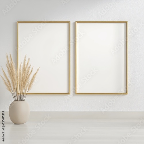 Two framed white pictures on a wall with a vase of dried grass in between