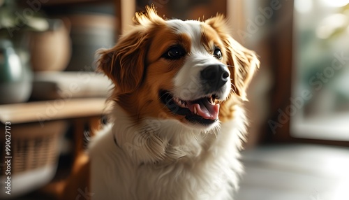 Joyful canine companion beside a vibrant poster mockup, embodying happiness and playfulness in a creative setting photo