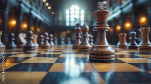 Chess pieces on a wooden board in a grand hall Generative AI