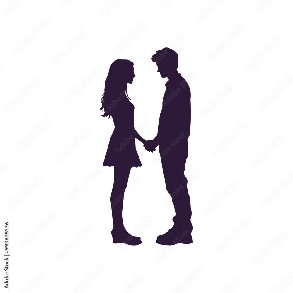 Vector silhouette of the couple stands and holds hands. romantic guy and girl starting a relationship isolated
