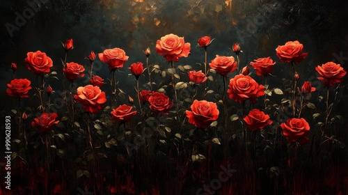 Red roses blooming in a dark garden Generative AI