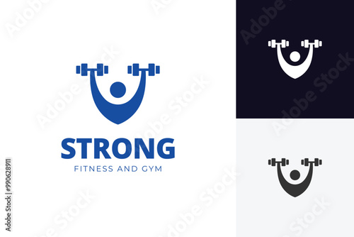 Gym and fitness logo icon design with strong hand muscle and shield graphic symbol, vector simple logo
