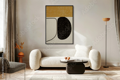 Minimalist, japandi interior design of modern living room. Boucle sofa near stucco wall with abstract wall art frame. photo