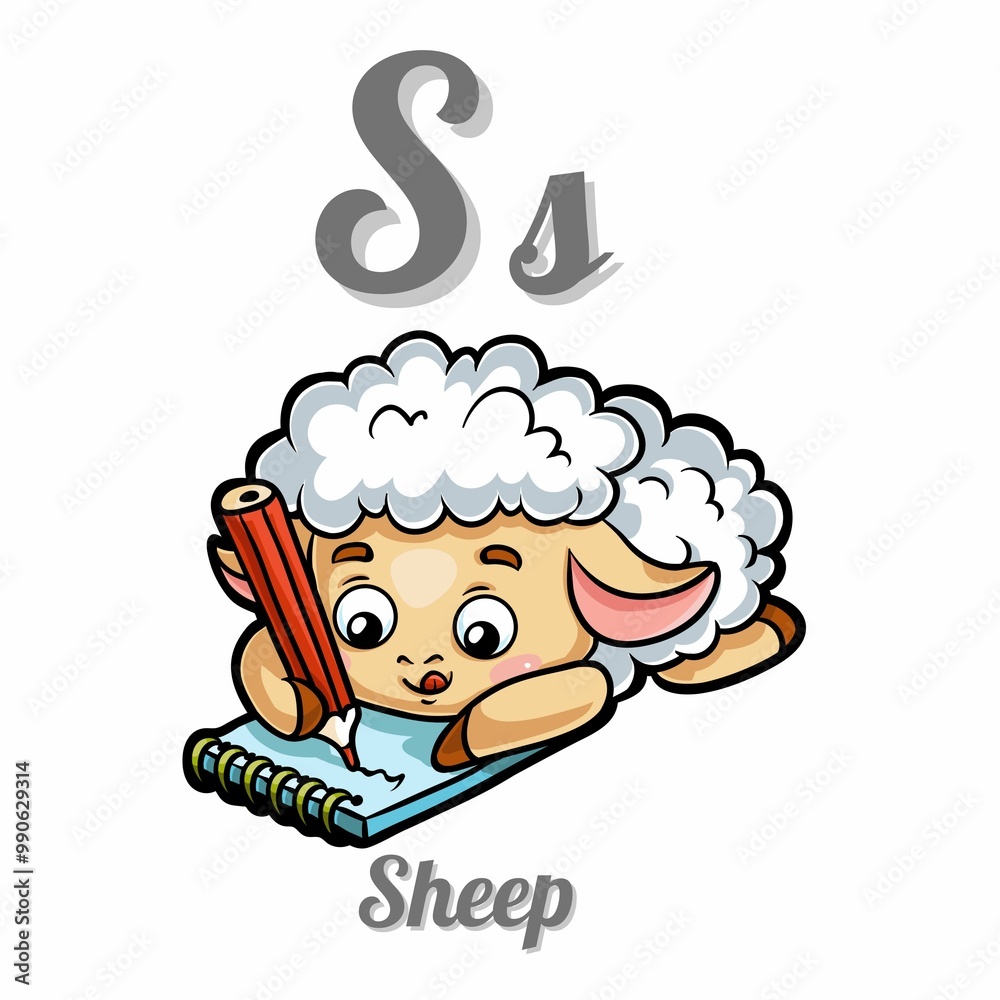 Cute cartoon sheep drawing the letter 'S' on paper, emphasizing creativity and early learning concepts for children. Cute cartoon sheep drawing the letter 'S' on paper, emphasizing creativity and early learning concepts for children.