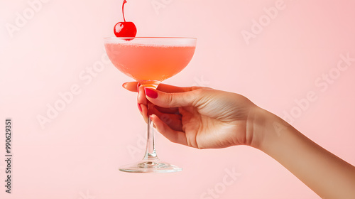 Closeup woman's hand holding a cocktail garnished with a cherry isolated on pink background