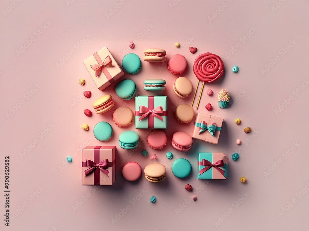 Pink background with scattered macarons, wrapped gifts with bows, a rose-shaped lollipop, and a cupcake. Pink background with scattered macarons, wrapped gifts with bows, a rose-shaped lollipop, and a cupcake.