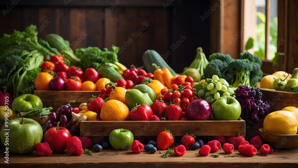 Vibrant Assortment of Fresh Fruits and Vegetables Arranged Beautifully in a Rustic Kitchen Setting Vibrant Assortment of Fresh Fruits and Vegetables Arranged Beautifully in a Rustic Kitchen Setting