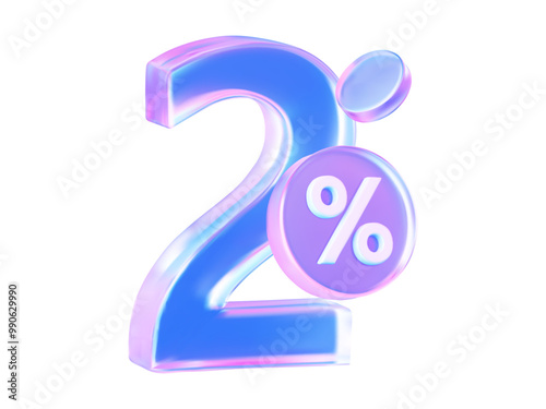 3D number "2%" in a holographic style. It can be used for cashback calculations, banking services, web interfaces, and business presentations. 3D vector illustration in PNG format.