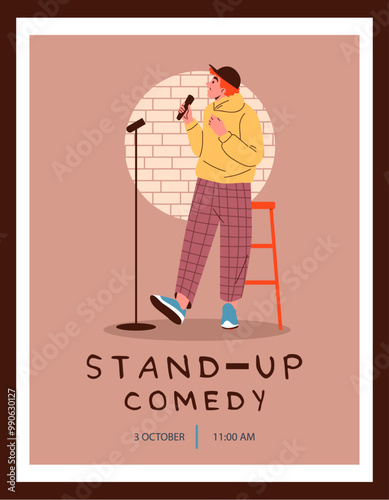 A vector poster is an invitation to a performance with a stand-up comedian on stage