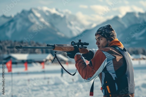Winter biathlon athlete aiming rifle amidst snowy mountain landscape. AI