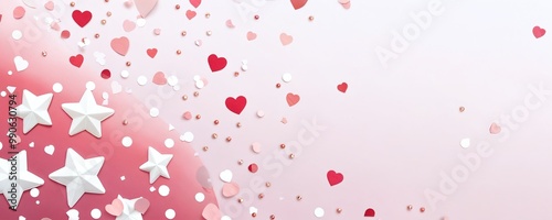 Colorful heart and star decorations scattered on a soft pink background for a festive celebration or party