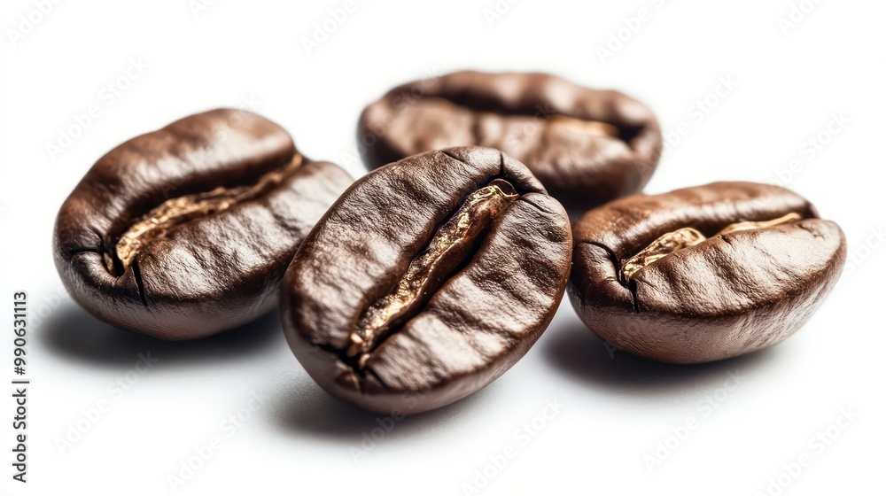 Naklejka premium Closeup of four roasted coffee beans with a white background.