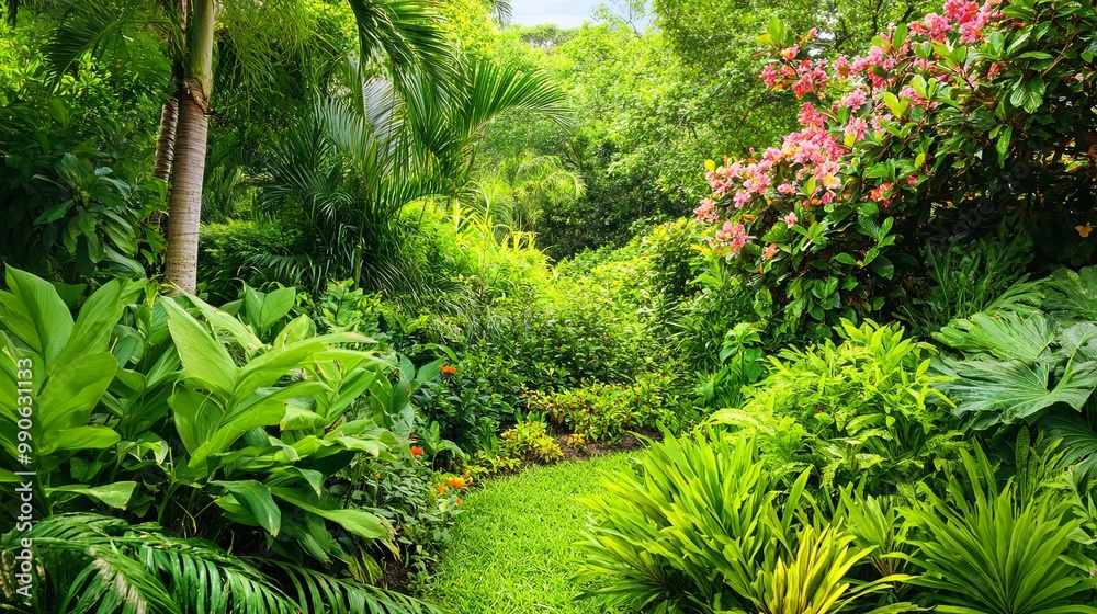 Fototapeta premium Serene Lush Botanical Garden with Diverse Green Foliage and Blooming Flowers, Natural and Tranquil Setting