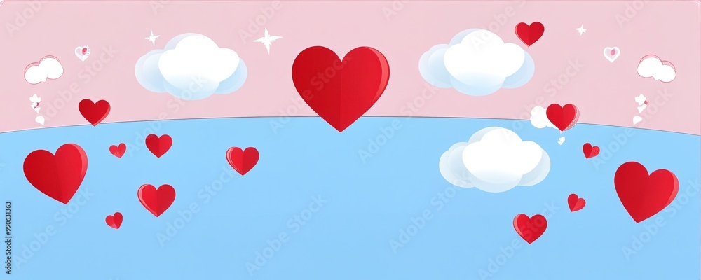 Colorful hearts and clouds in a playful design on a pastel background