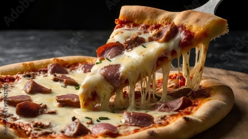 Pizza slice with cheese and meat, crispy