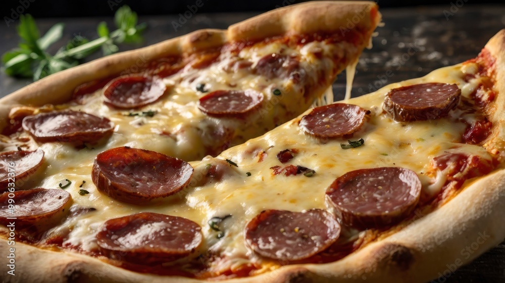 Pizza slice with cheese and meat, crispy Pizza slice with cheese and meat, crispy