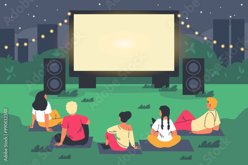 People resting at lawn on the plaids and watching movie on big screen flat vector illustration, outdoor cinema at night