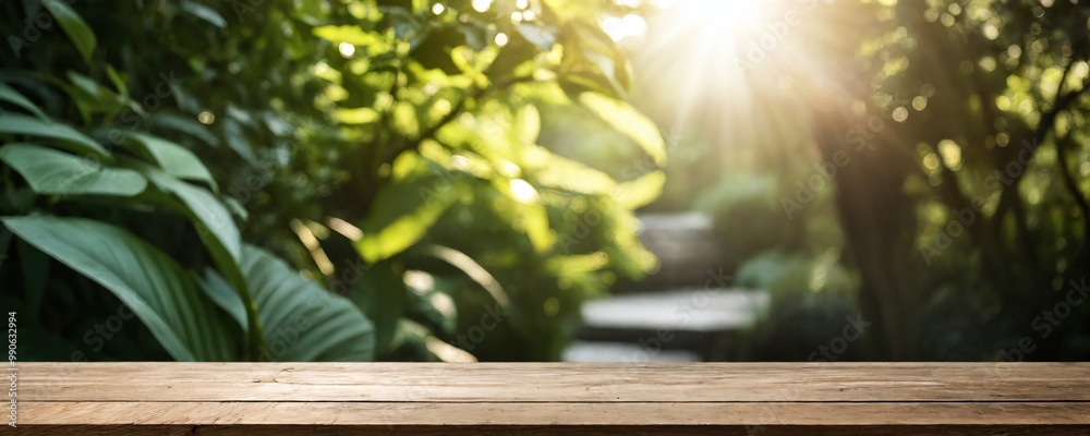 Sunlit garden path with lush greenery and wooden table in the foreground during a bright afternoon