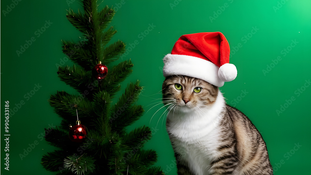 Cat in Santa hat on green background with Christmas tree. Christmas and New Year celebration. Winter holiday concept. Greeting card or banner with space for text. Holiday theme for pet store. Cat in Santa hat on green background with Christmas tree. Christmas and New Year celebration. Winter holiday concept. Greeting card or banner with space for text. Holiday theme for pet store.