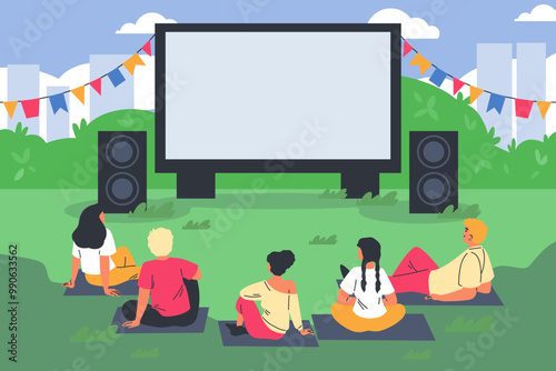 Vector graphics of the morning film screening with a projection screen, viewers, speaker