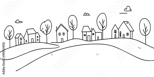 One-line drawing of a village landscape with houses and trees on a white background