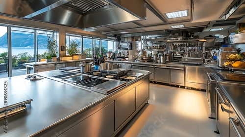 Modern Minimalist Kitchen Room with Wooden Table, luxurious Interior Design, Furniture with Background