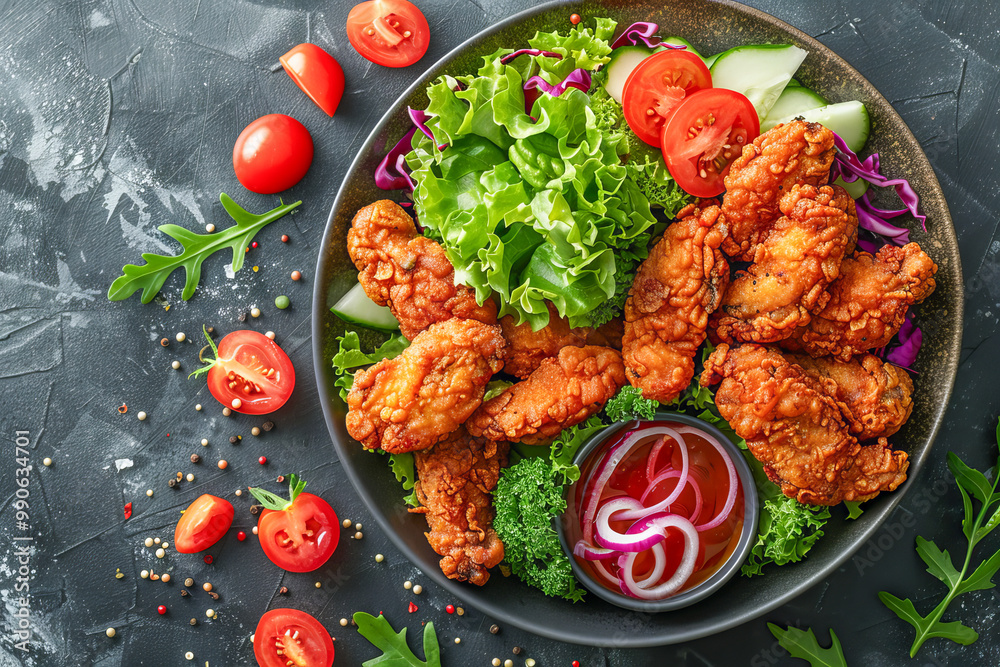 Crispy deep fried chicken wings served with salad and dipping sauce Crispy deep fried chicken wings served with salad and dipping sauce
