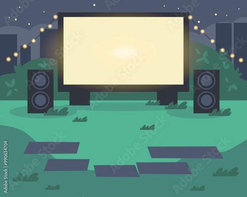 Vector graphics cinema in the park with place mats against the background of the city